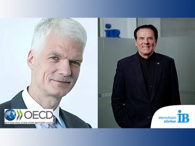 Prof. Andreas Schleicher, Bildungsforscher und Direktor des Direktorats für Bildung bei der OECD, und Thiemo Fojkar, Vorstandsvorsitzender des Internationalen Bundes (IB)